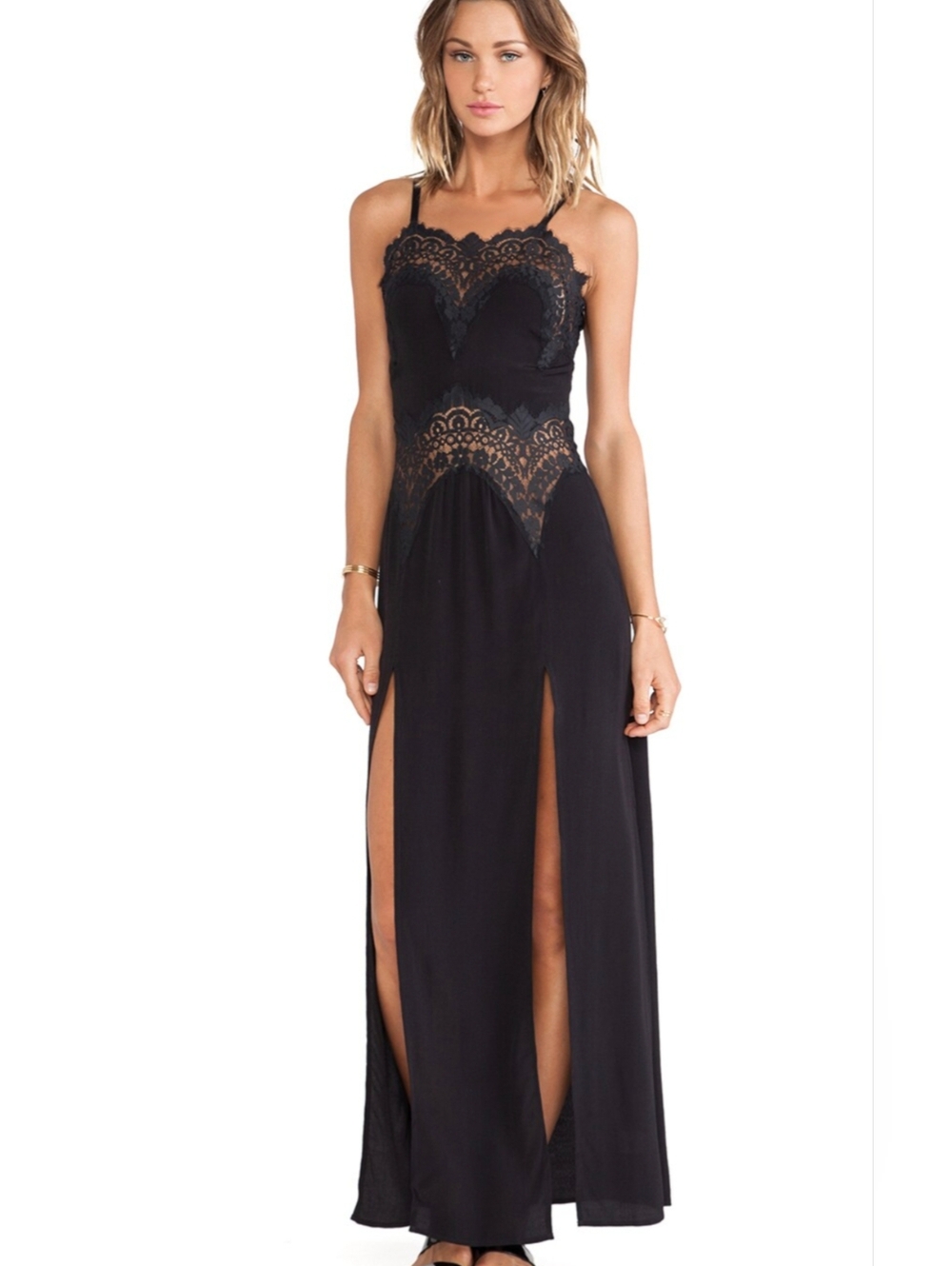 NWT For Love and Lemons Maxi Bourbon Black Lace Slip Dress XS